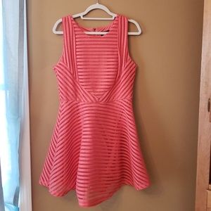 Coral, lined fit and flare mini dress
